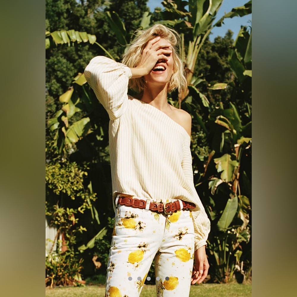 Anthropologie Maeve Clotille off the shoulder yellow and creamy white top size 2